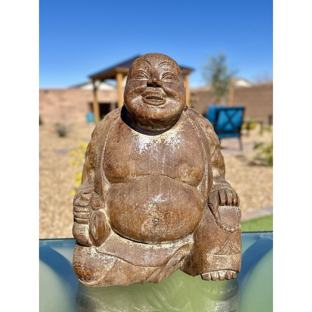 16" Vtg Seated Laughing Buddha Hand Carved Wood Statue Figurine Hotei Feng Shui